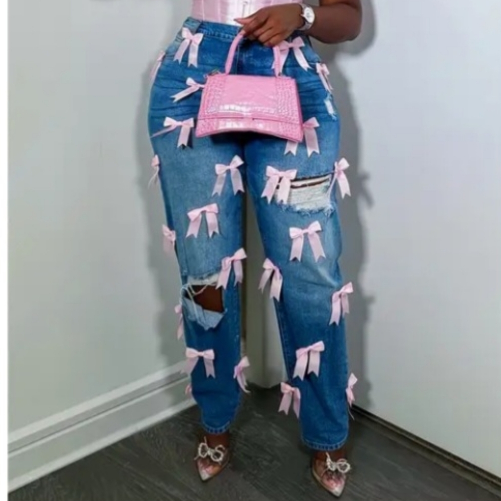 Nwot Blue Jeans With Pink Bows pants